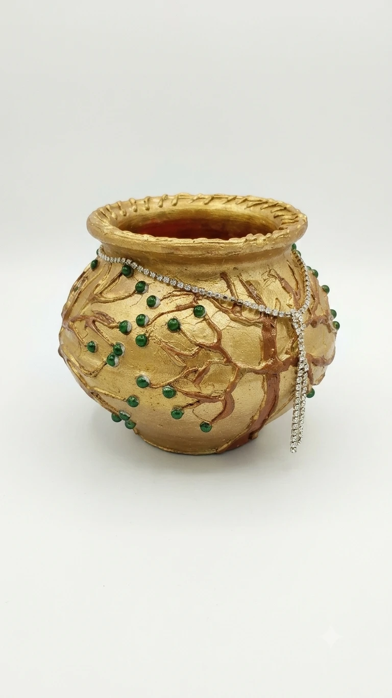 Green artificial plant in an ornate gold decorative pot with bead detailing