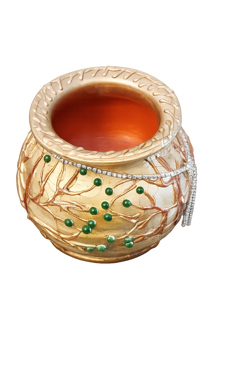 Green artificial plant in an ornate gold decorative pot with bead detailing