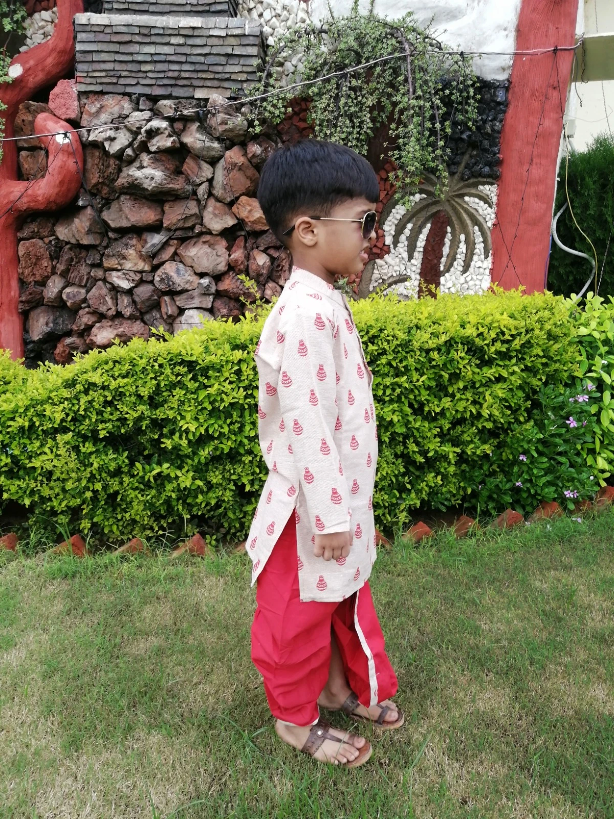 Boys Cream Red Dhoti Kurta Set view 2