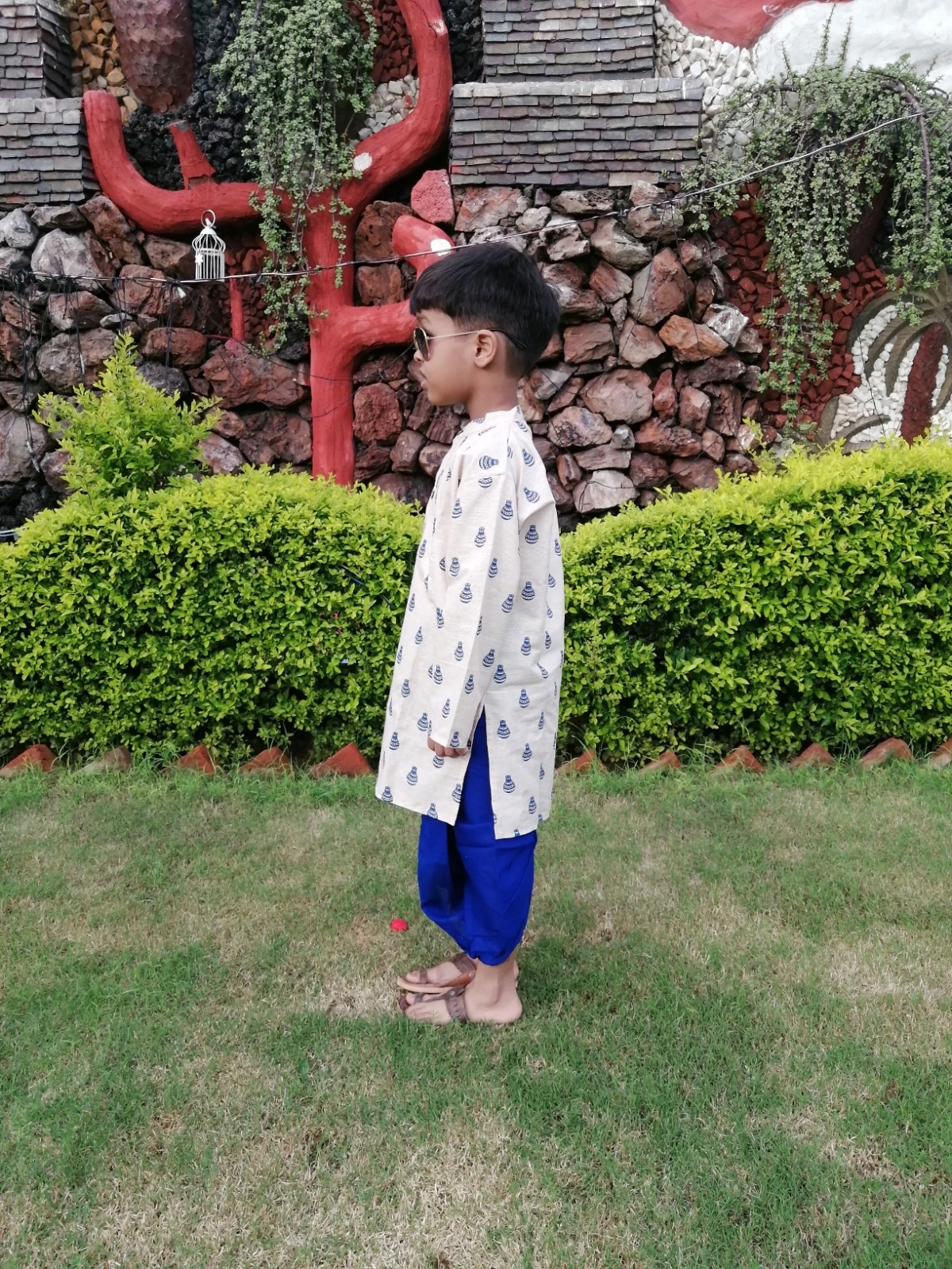 Boys Cream Blue Printed Kurta Dhoti Set view 2